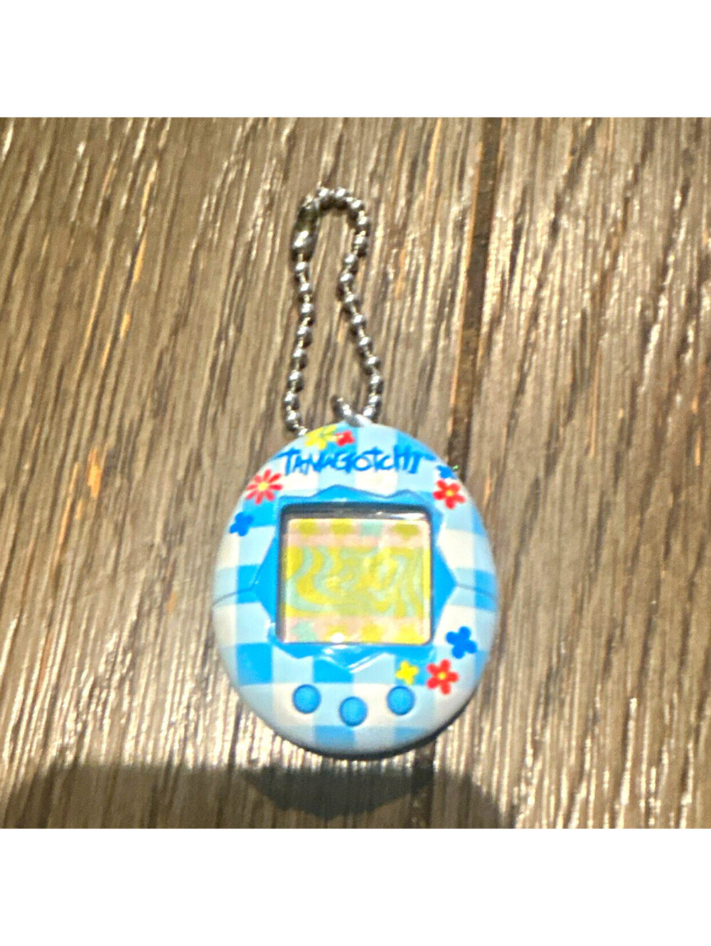 Tamagotchi Virtual Pet Electronic Keychain Blue & White Checkered Floral Shell